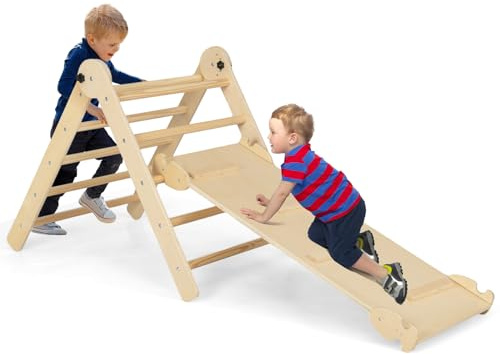 DREAMADE Montessori Klettergerüst Indoor, Holzdreieck Kletterspielzeug aus Holz, Kletterdreieck mit 2-seitiger Rutsche zum Rutschen und Klettern für Kinder ab 3 Jahren (Natur)