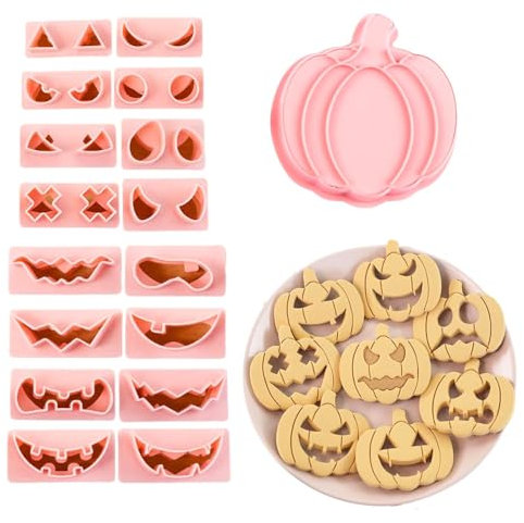 Set di 10 formine per biscotti di Halloween, in plastica 3D, a forma di testa di zucca pressabile, per Halloween, con espressioni sostituibili su entrambi i lati.