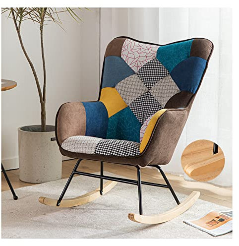 Schaukelstuhl Stillstuhl mit Massivholzsockel, Patchwork Schaukelstuhl mit hoher Rückenlehne Loungesessel und Fußhocker für Wohnzimmer/Schlafzimmer/Terrasse