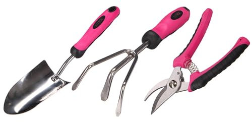 SIXTOL Garden PINK 3 Gartenwerkzeug Set | 3Stk Garten Zubehör aus Edelstahl | Für Gärtner | Gartengeräte | Qualität Gartenkelle, Handgrubber und Gartenschere mit ergonomischem Griff | rosa Farbe