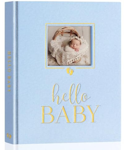 Lanpn Hello Baby Erstes 5 Jahr Babytagebuch für Mädchen Junge, Leinen Baby Tagebuch zum Eintragen Babybuch mit DIY-Fenster für neue Eltern, Baby Erinnerungsbuch Baby Album Geschenk (Blau, 154 Seiten)
