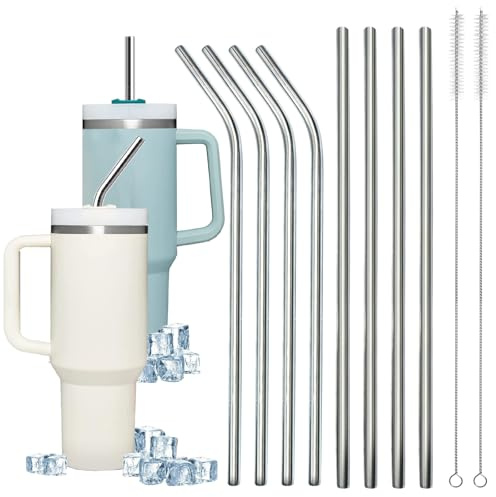 LXBCTOP 8 PCS Metal Straws for Stanley Cup, Reusable Straws Drinking | 4 Bent 4 Straight Stainless Steel Straws with 2 Cleaning Brush, Silver Drinking Straws for Milkshake Cocktail HotDrinks