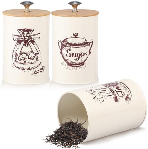 shaojian 3Pcs Tea Coffee Sugar Canisters Set 750ML Metal Vintage Tea and Coffee Canisters Set with Airtight Lid and Name Marker Cylindrical Food Storage Container for Farmhouse Decor (set 1)