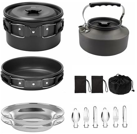 lyrlody Camping Kochgeschirr Set, Antihaft Campinggeschirr mit Alu-Töpfen und -Pfannen für Camping Wandern Rucksackreisen (BLACK)