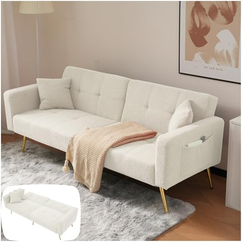 Seyakany - Sofá convertible con cojines y bolsillos de almacenamiento laterales, sofá de 2 plazas, sofá cama con función cama, ángulo ajustable, patas doradas, blanco