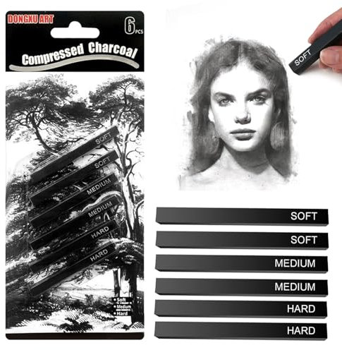 6 Pack Square Compressed Charcoal Pencils for Artists - Soft/Medium/Hard (2 Each) - Professional Sketching & Shading Sticks for Drawing, Charcoal Art, DIY Crafts - Ideal for Beginners & Professionals