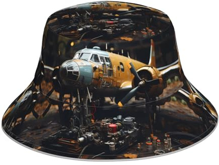 WZYWHJ Sombrero de pescador con impresión de maquinaria aeronáutica vintage, reflectante de doble cara, para viajes al aire libre, verano, playa, color negro
