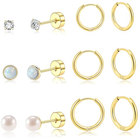 6 Paar Ohrringe Gold Set für Damen, Medizinische Ohrstecker Perlen und Creolen Klein Helix Tragus Piercing Chirurgenstahl Mädchen Ohrringe Silber Zirkonia Flatback Ohrstecker Hypoallergene Ohrring
