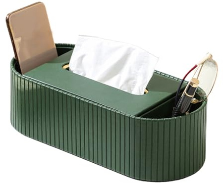 Caja de tejido con caja de almacenamiento, Organizador de escritorio multifuncional de cuero sintético for caja de pañuelos, artículos de papelería y control remoto, multicolor(Green)