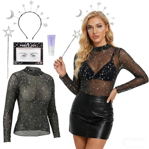 5 Stück Karneval Kostüm Sonne Mond Sterne, Glitzer Oberteile Damen, Mesh Oberteil Damen Transparentes, Glitzer Netzoberteil Erwachsene, Haarreif Sterne Silber, Glitzernder Silberner Sternstab (2XL)
