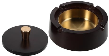 HOODANCOS Cenicero de Mesa Redondo con Tapa a Prueba de Viento, Revestimiento Metálico y Base de Madera, Cenicero Decorativo sin Humo para Hogar, Oficina y Uso en Interiores o Exteriores