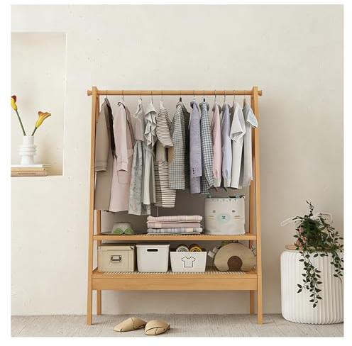 Kleiderständer Bambus in Nussbaum-Optik, Garderobenständer stabil mit 2 Ablagen, A-Form Kleiderstange freistehend, offener Kleiderschrank für Flur & Schlafzimmer, 95 x 36 x 154 cm (naturfarben)