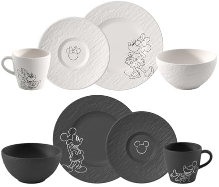 Villeroy & Boch Manufacture Rock – Mickey Mouse –set petit-déjeuner, 8 pièces., noir/blanc, résistant au lave-vaisselle/micro-ondes, look ardoise avec décor Disney Mickey Mouse à la craie