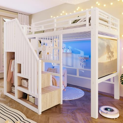 Merax Hochbett 90x200 cm mit Treppe und Stauraum, Metallbett Jugendbett mit LED-Beleuchtung, Gitterwand & Leinwand-Halterung, Platzsparendes Bettgestell (ohne Matratze & Leinwand), Weiß