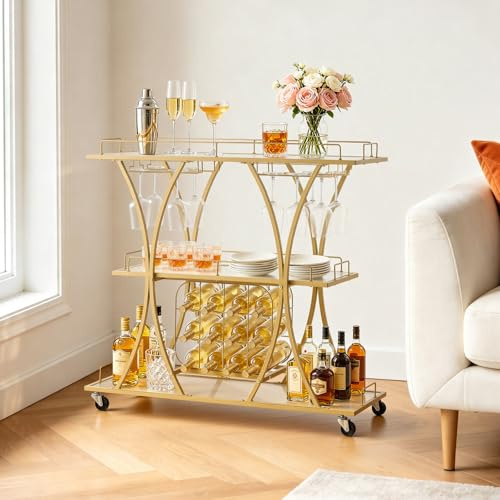 VEVOR Desserte Bar, Chariot de Service 3 Niveaux, pour Rangement Vins Ustensiles Cuisine, Bar Roulant avec Plateau en Verre Trempé, Range-Bouteilles et Porte-Verres à Pied, Chariot à Boissons Doré
