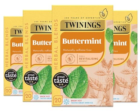 Twinings Buttermint Tea, 80 Tea Bags (4 x 20) | Multipack, Herbal Infusion, Mint Leaf, Buttery Note, Naturally Caffeine Free, No Tea Leaf, Biodegradable Tea Bags