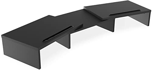 FITUEYES Dual Monitor Stand with 2 Extra Phone Holder, Wood PC Laptop Computer Stands Riser, 3 Shelf Swivel Length Adjustable, Home Office Supplies Desk Organzier, Max Load 25kg, Black