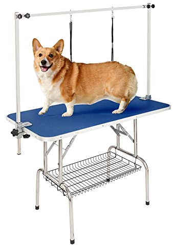 Bonnlo 32-inches Pet Grooming Table, Portable Dog Grooming Table with Arm Noose & Mesh Tray, Adjustable Foldable Pet Groom Table Stand for Dog Cat, Maximum Capacity Up to 330 LBS (32in)