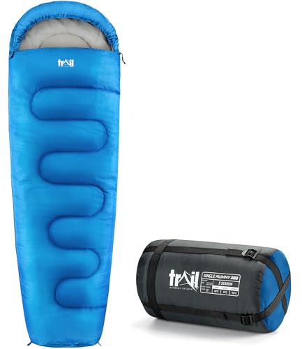 Trail Outdoor Leisure Sacco a Pelo Adulti Stile Mummia, 3 Stagioni, 300gsm, Leggero con Tasche Interne e Borsa a Compressione - Blu