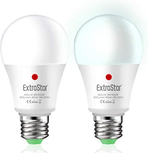 Lampadina Con Sensore, EXTRASTAR E27 Lampadine LED con Sensore Crepuscolare da Esterno, Auto On/Off, 9W bianco freddo 6500K per Veranda Giardino Porta d'ingresso Corridoio 2 pezzis