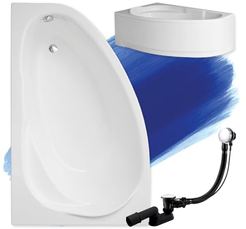 BADLAND Badewanne Original Weiß Acryl Wanne Eckbadewanne MAREA 160x100 Links KOMPLETTSET SET mit Weiß Acrylschürze + Füßen und Exklusive Chrom Automatik Ablaufgarnitur Made in EU 4in1