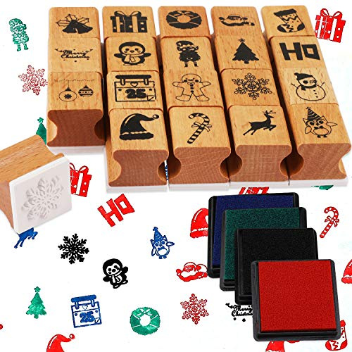 HOWAF 24pcs Weihnachten Hölzern Stempel Set mit Kissen, Kinder Stempel für Drucken und Basteln, DIY Scrapbooks, Geschenke, Gastgeschenke, Kindergeburtstag
