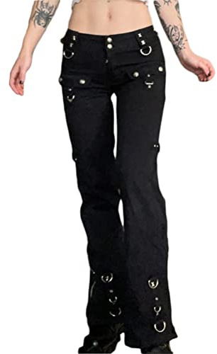 Onsoyours Jeans Svasati a Vita Bassa da Donna Black Punk Goth Jeans Donna Estetica Streetwear Vintage con Tasche Pantaloni Cargo Casual Slim Fit Nero 04 L