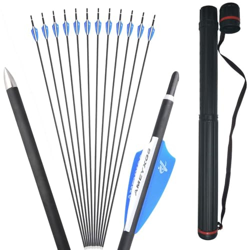 wolfman 32 Zoll Carbonpfeile für Bogenschießen 1000 Spine Carbon Pfeile Carbon Jagdpfeile Carbon Arrows mit 2 Zoll Plastikfeder für Pfeil Bogen Recurvebogen Compoundbogen (6Pcs, Blau + 1 Köcher)