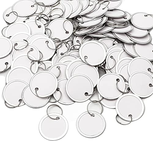 AIEX 100pcs White Key Tags with Ring, 1.25inch Metal Rim Key Tags Round Paper Tags Blank Metal Tags for Keys Luggage Backpacks Kitchen Jars