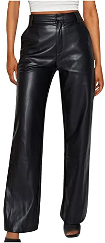 EMATOP Lederhose Damen Locker High Waist Kunstlederhose Elegant Lange Hose Einfarbig Weites Bein Freizeithose Winddicht Wasserdicht Kunstleder Leggings mit Taschen Jogginghose PU Leder Hosen