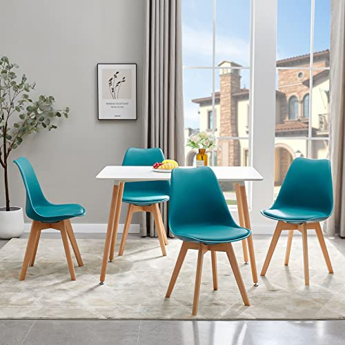 FURNITABLE Esszimmergruppe Esstisch mit 4 Stühlen Essgruppen, Rechteckig 110cm Küchentisch-Set und 4er Set Esszimmerstühle für Wohnzimmer Küche Büro (Weiß Tisch+4 Türkis Stühle)