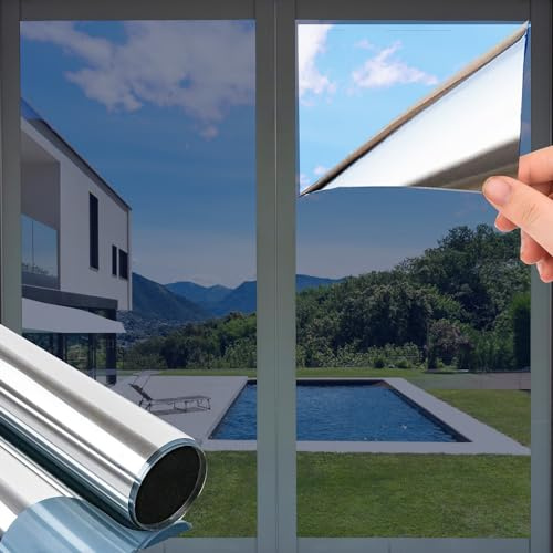 HEOMAITO Spiegelfolie für Fenster, ohne Streifen, Hitze, Sichtschutz, Solarfolie, Sichtschutz, Fenster, Hitze, UV, Schutz der Privatsphäre, 90 x 200 cm (Silber)