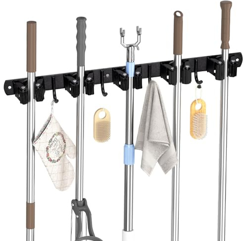 Carehabi Accroche Balai Mural, 5 Support Balais Mural et 4 Crochets Noir, Porte Balai avec Percage ou Adhésif san Percage, Organisateur pour Salle de bain, Garage, Outils de Jardinage, Cuisine