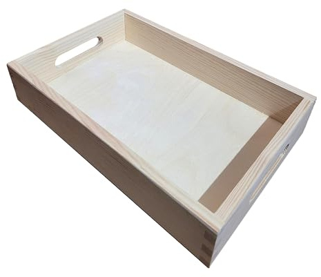 Wooden World -Bandeja de Madera para Servir Desayuno con Asas Madera Natural sin lacar 30 x 20 x 6 cm