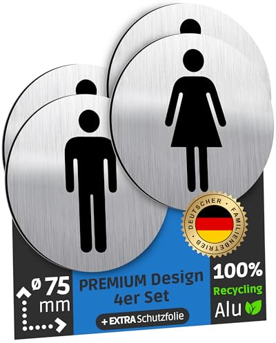 SCHILDERBOXX WC Schild Selbstklebend 4er Set Toilettenschild Damen & Herren | Ø75mm, 100% Alu, Extra-starkes Klebeband - Türschild Toilette Aufkleber Tür, WC-Schilder, Toilettenschilder