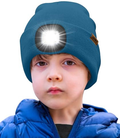 ATNKE Kids LED Beleuchtete Mütze mit Licht,Wiederaufladbare USB 4 LED Laufmütze Extrem Heller Lampe Winter Warme Stricken Mütze Großartig Geschenke für Jungen und Mädchen/Peacock Blue