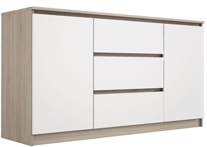 3E 3xE living.com Kommode mit 3 Schubladen und Zwei Türen, Farbe: Sonoma Eiche/Weiss, A: 140 x 79 x 39 cm