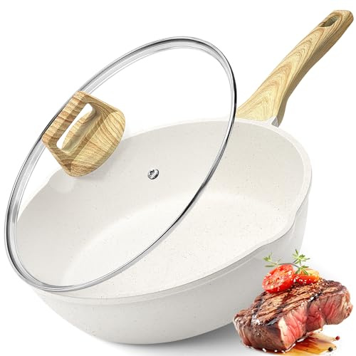 GiPP Nonstick Deep Frying Pan - 11 Inch Saute Pan with Lid Granite Induction Cookware, 4.5Qt Non Stick Woking Pan Skillet, PFOA PFOS APEO Free, White