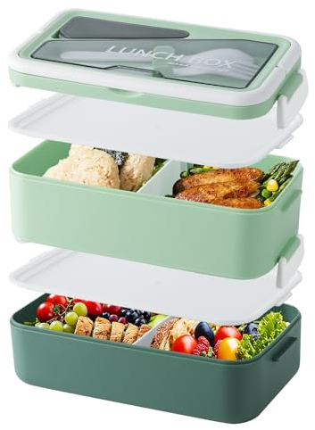 HENSHOW Bento Box für Erwachsene Auslaufsicher Lunchbox mit Fächern, 2 Levels 1600ml Große Nachhaltige Brotdose für unterwegs, Meal Prep Box BPA-frei & Spülmaschinenfest (Grün)