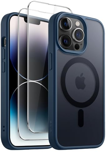 JETech 3 in 1 Cover Magnetica per iPhone 14 Pro 6,1 Pollici con Pacco da 2 Vetro Temperato Pellicola Protettiva, Compatibile con MagSafe, Traslucida Opaca Retro Custodia (Blu Tempesta)