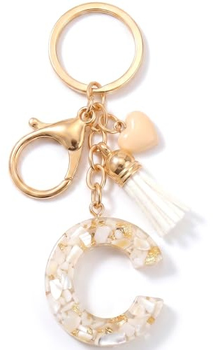 Vorysum Porte-clés pour fille - Pendentif en forme Cœur - Porte-clés avec lettre porte-clés fille initiale- Cadeau pour femme gland or porte clef femme，beige