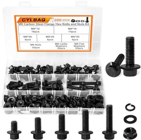 CYLBAQ 200PCS M8 Flanged Hex Bolts Nuts and Washers Assortment Kit, 10.9 Grade Carbon Steel Metric Flanged Hex Screws Bolts and Nuts Kit 12mm 16mm 20mm 25mm 30mm