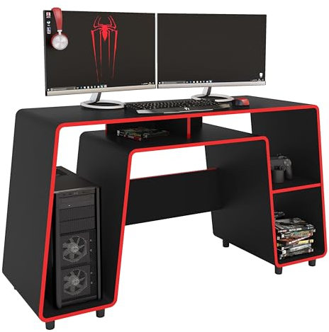 Miroytengo Mesa Gamer London en Negro y Rojo - 1 Estante, Gran Espacio para Torre de Ordenador, Melamina, 150,5 cm