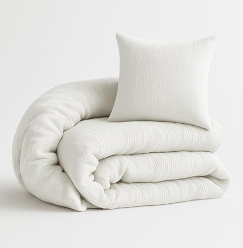 ALAVYA HOME® Barnsängkläder 135 x 200 2 delar, Oeko-Tex certifierad och lämplig för allergiker | sängkläder i muslin, barn set med 1 påslakan vardera, 200 x 135 och 1 örngott 40 x 60 | vit