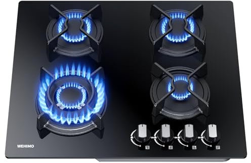 Wehimo - Placa de cocina de gas de 4 fuegos, 4 fuegos empotrable, mesa de cocción 60 cm, rejilla hierro fundido, 7800 W, gas ciudad y botella, cristal negro