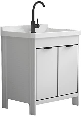 SFNIOKFG Lavandino per Lavanderia con Mobile, Lavandino per Stazione di Lavaggio in Ceramica con Rubinetto per Il Calore Freddo e Kit di Scarico per Lavanderia e Ripostiglio, Cucina, Bagno,