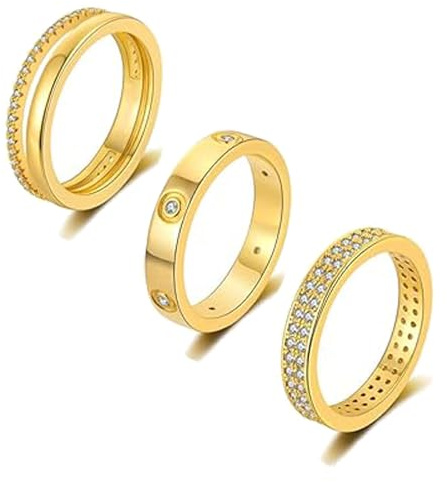 Guyode 3 Stück Ringe Set, Gold Ring Stapelbar, Ringe Wasserfest 14K Vergoldete, Goldring Damen Persönlichkeit, Verlobungsring Damen Gold für Valentinstag Muttertag Jubiläum Geburtstag (51,9 mm)