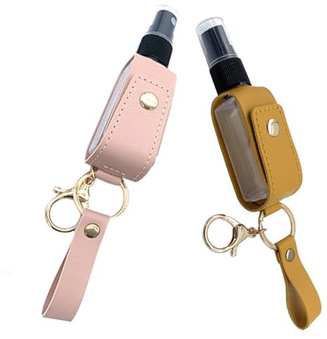 VASANA 2Pcs 30ml/1oz PU Leather Travel Bottle Keychain Holder Portable Empty Leak-proof Plastic Spray Bottle Keychain Holder Refillable Mini Mist Bottle Container for Backpack Purse(Random Color)