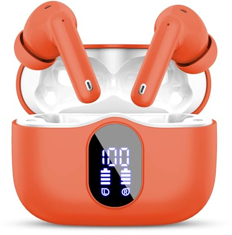 Wireless Earbuds, Bluetooth 5.4 Headphones In Ear with 4 ENC Mic, 2026 Wireless Earphones Noise Cancelling Deep Bass, LED Display, Bluetooth Earbuds 36H Playtime, IP7 Waterproof Ear buds, USB-C Orange