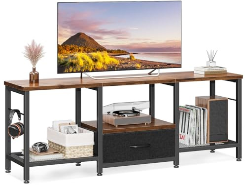 Coleshome TV Schrank, Fernsehtisch mit DREI Offenen Fächern und Einer Großen Stoffschublade, TV Board Geeignet für Wohnzimmer, Spielzimmer, Bietet Platz für Fernseher bis zu 120 cm Länge, Retro-Farbe